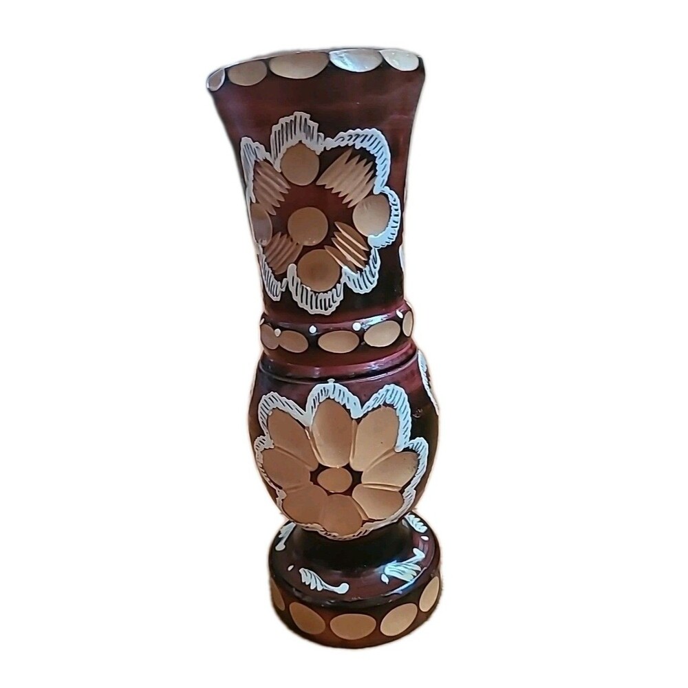 Vintage VASE Hand-carved/ Painted SOLID Wood Decorative Engraved , 9” Well Made